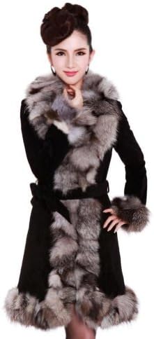 Senfloco Women's 100% Real Genuine Leather Long Coat with Fox Fur Collar