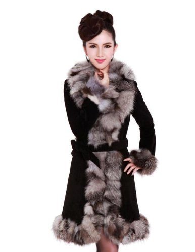 Senfloco Women's 100% Real Genuine Leather Long Coat with Fox Fur Collar