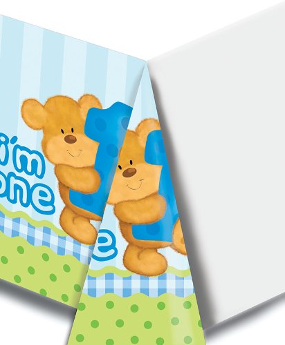 Creative Converting Bears First Birthday Plastic Table Cover, Blue, Rectangle 54 x 108