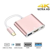 USB-C to HDMI Adapter，321OU USB 3.1 Type C to HDMI 4K Multiport AV Converter with USB 3.0 Port and USB C Charging Port Compatible with MacBook/Chromebook Pixel/Dell XPS13/Samsung Galaxy s8/s8 Plus (Ro