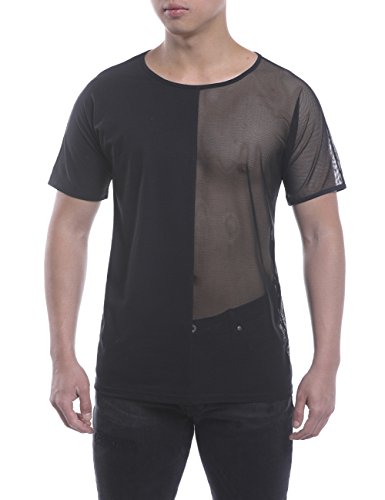 Hequ men s sexy see through mesh shirts crew neck short sleeve ni…