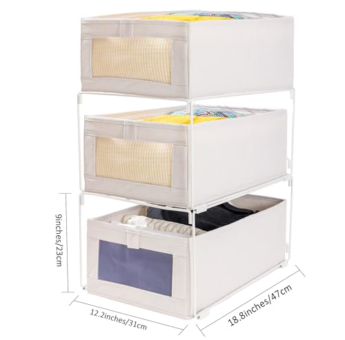 SULUNZEGER Drawer Organiser, 2 Pack Stackable Clothes Storage Box with 1 Pack Foldable Metal Closet Organizer Rack, Wardrobe Bag for Cupboard Cabinet Home Storage, (Beige) (1 set)