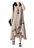Enlishop Women's Sleeveless Ink Print Irregular Cotton Linen Long Maxi Dress