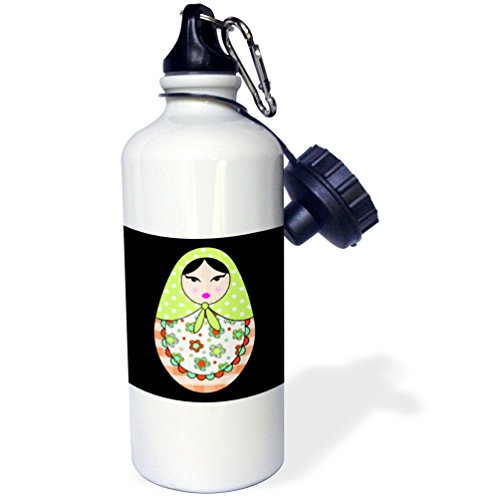 3dRose wb_58636_1 Cute Russian Matryoshka Nesting Doll Black Hair-Warm Colors Black Sports Water Bottle, 21 oz, White
