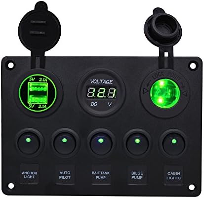 Boat Car Rocker Switches Panel IP65 5 Gangs w/Voltmeter & 4.2A Double USB Charger & 12V Cigarette Lighter for 12v 24V Marine Caravan RV Yacht Trucks Motorhome (Green LED)