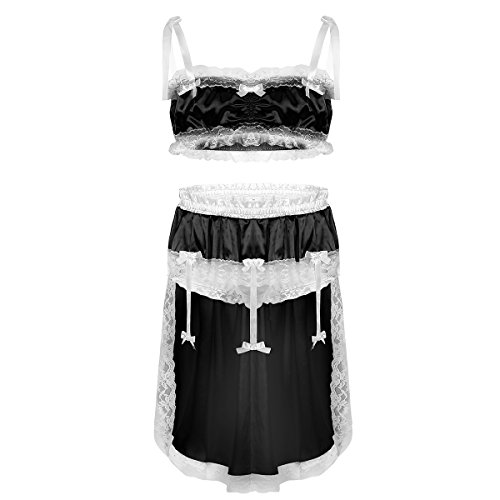 Freebily Men's Silky Ruffled Lace Crop Top Sissy Skirted Panties Crossdress Nightwear Lingerie Set