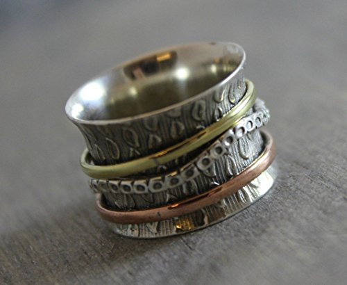 Sterling Silver Mixed Metals Brass Copper Leaf Detailing Bohemian Spinning Fidget Ring, Size 8