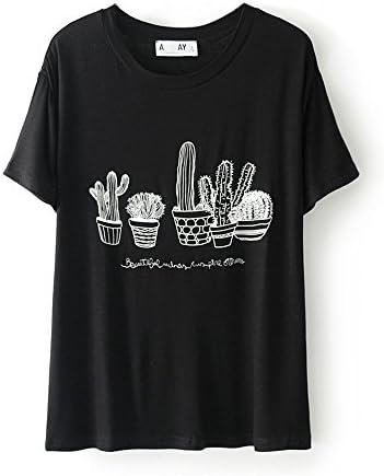 ABADAY White Short Sleeve Cactus Print T-Shirt (XXL, Black)
