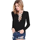 Blooming Jelly Women's Sexy Bandage Plain Deep V Neck Lace Up Long Sleeve Blouse Tops Black,Black,Small / US 2-4