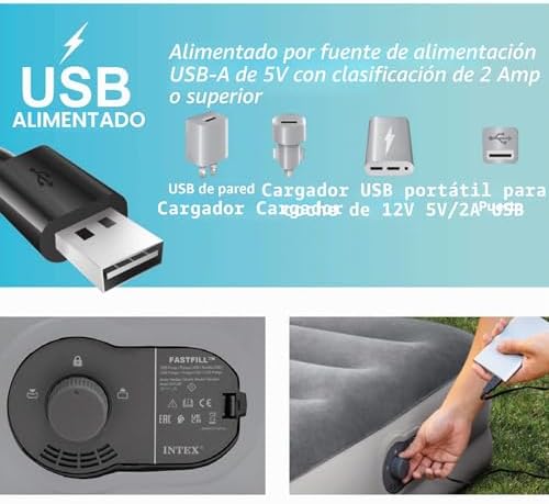 64159 Colchón Hinchable Doble, con Bomba IEléctrica USB Integrada, se Infla en Aproximadamente de 4 Minutos, Peso Máximo 272 kg, Material Flocado más PVC Laminado, 152 x 203 x 36 cm