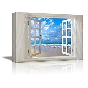 Canvas Prints Wall Art - Glimpse into Clear Sea and White Waves Out of Open Window | Modern Wall Decor/Home Decoration Stretched Gallery Canvas Wrap Giclee Print & Ready to Hang - 24" x 36"