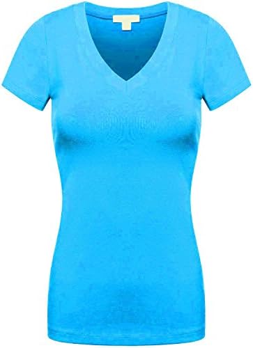 {DOWEBPIC} WOMEN'S SUPER SOFT THIN COOL SEXY BASIC ACTIVE CAME STRETCHED SHORT SLEEVE V-NECK T-SHIRT (SMALL, SKY BLUE)