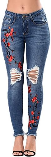 Womens Flower Embroidered Ankle Skinny Jeans Jeggings Denim Cropped Stretch Comfy Jeans Trouser