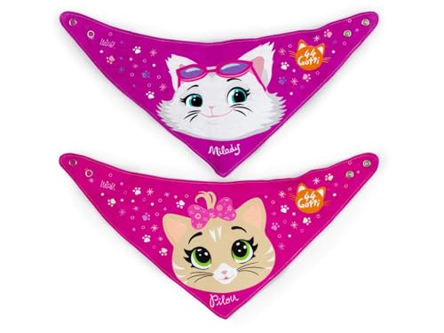 LULABI 44 GATTI GIRL Set de 2 baberos para bebé, 100% hechos de algodón suave con estampado, 44 gatos, paquete de baberos, de botones, hipoalergénicos, reutilizables, unisex, 21 x 17 cm, Multicolor