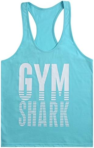 MITIAO Men GYM Shark Loose Workout BodyBuilding Stringer Tank Top Lake Blue L