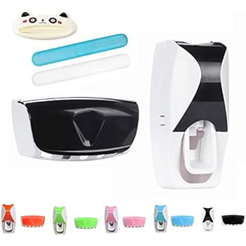 Inovare Designs Toothbrush Holder Automatic Toothpaste Dispenser Set Dustproof with Super Sticky Suction Pad Wall Mounted Kids Hands Free Toothpaste Squeezer for Family Washroom Bathroom (Black)