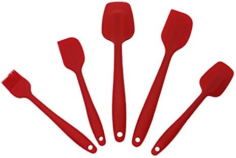 iGraver Silicone Spatula Set Heat Resistant, 4 Versatile Gadgets & 1 Grill Brush for Cooking, Baking, Mixing and Brushing, Seamless Design, Red