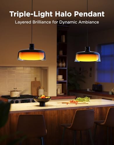 Govee Lámpara colgante para isla de cocina, iluminación inteligente RGBIC de tres capas, compatible con Matter, 1300LM 2700K-6500K regulable negra, accesorio de luz colgante que funciona con Alexa