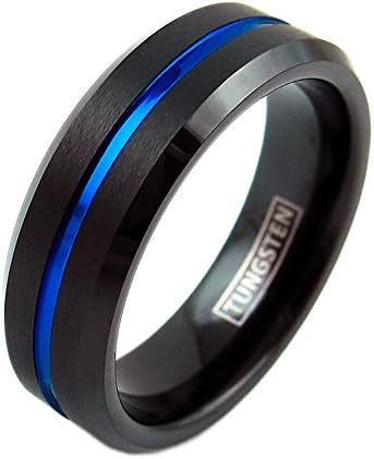 Awesome 6mm Black Tungsten Ring w/ Cool Thin Blue Line Stripe &amp; Beveled Edges. (6mm tungsten, 10)