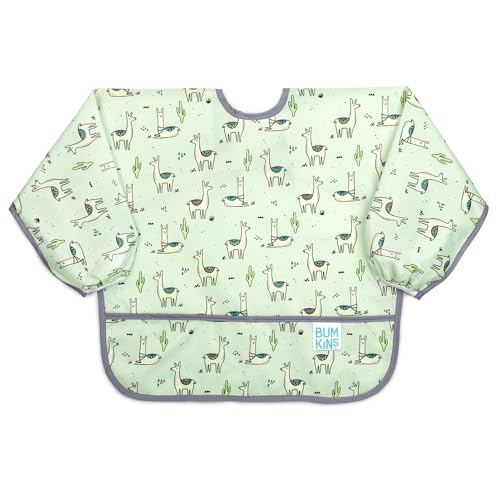 Bumkins Sleeved Bib, Handy Tie Closure for Custom Fit, Catch-All Pocket, Baby-Led Weaning, Waterproof, Machine Washable, Stain & Odour Resistant, BPA Free, 6-24 Months, Llama Design — image 1