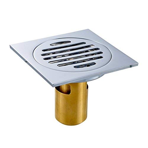 FChome 4 Inch Floor Drain, Brass Square Bathroom Tile Insert Floor Drainer with Removable Cover for Kitchen, Washroom, Garage and Basement,Polished Chrome