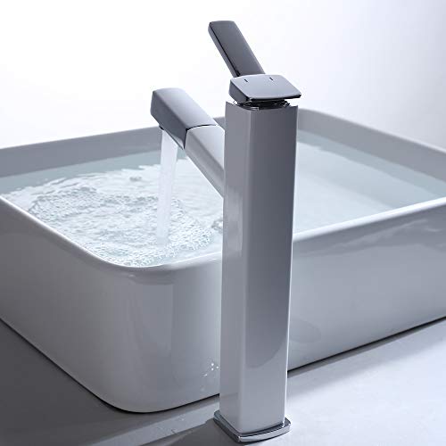 KAIYING Bathroom Pull Down Vessel Sink Faucet, Lavatory Single Hole Basin Sink Faucet with Pull Out Sprayer, Single Handle Utility Kitchen Mixer Tap with Rotating Spout, Brass(Tall, Chrome & White)