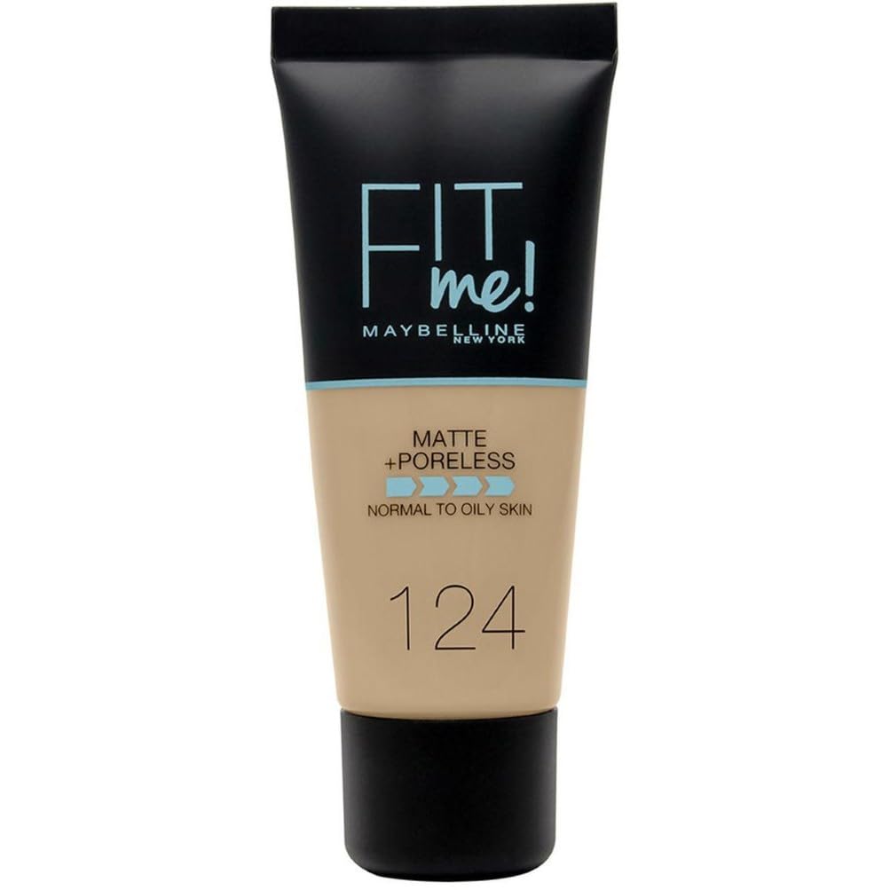 Maybelline Fit Me Foundation, Medium Coverage, Blendable With a Matte and Poreless Finish, For Normal to Oily Skin, Shade: 124 Soft Sand, 30ml