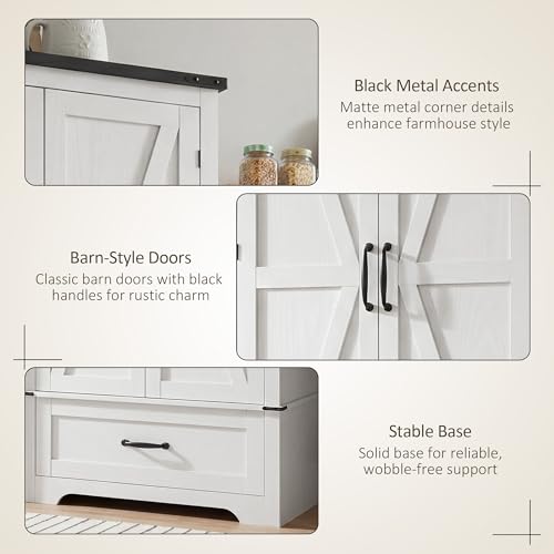 HOMCOM 72" Farmhouse Pantry Cabinet with Barn Doors, Tall Buffet Storage Cabinet with Adjustable Shelves, Freestanding Kitchen Pantry with Drawer, White Wood Grain