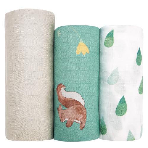 hahaland 100% Natural Bamboo Muslin Baby Blanket Set with 1 Piece 120 x 120 cm and 2 Pieces 100 x 95 cm – Soft and Absorbent Swaddle for Babies