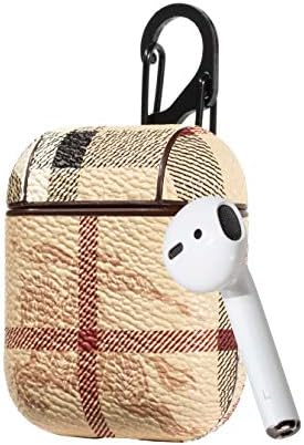 Fit for AirPods Wireless Headphone Charging Cases,New Luxury Designer PU Leather Fashion Graphic Style Full Protective Case Cover for Apple Airpods with Hook Grips(Check)