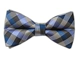 100% Woven Silk Colorful Gingham Blue and Gray Self-Tie Bow Tie
