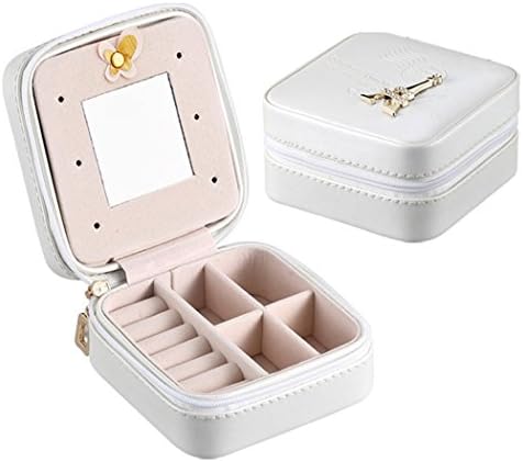 FDegage Travel Jewelry Box Storage Organizer Case for Rings Earrings Necklaces with Makeup Mirror and Zipper Faux Leather (White)
