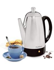 West Bend Electric Percolator Classic Style Coffee Maker with Heat Resistant Handle Base and Detachable Cord with Stainless Steel Stem and Basket, 12-Cup, Silver