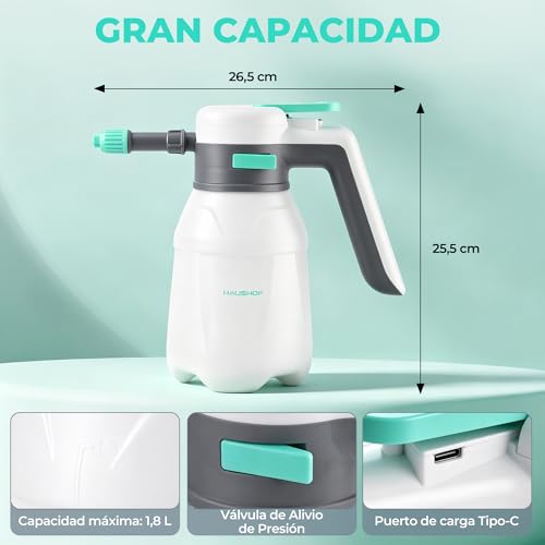 HAUSHOF Espumador Eléctrico para Coche 1,8L, Pulverizador de Espuma 2 en 1 | Inalámbrico 8V, 2 Boquillas Ajustables, Uso sin Bombeo Manual, Incluye Detergente, Guantes y Toalla