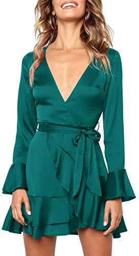 MITILLY Women's Sexy V Neck Backless Ruffle Long Sleeve Casual A Line Swing Mini Dress