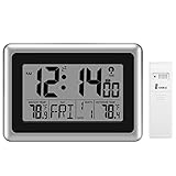Glisteny Digital Atomic Wall Clock, Indoor Outdoor Thermometer with Wireless Sensor Temperature Monitor for 300foot/100meter Range, Large LCD Display, Calendar, Table Standing, Snooze