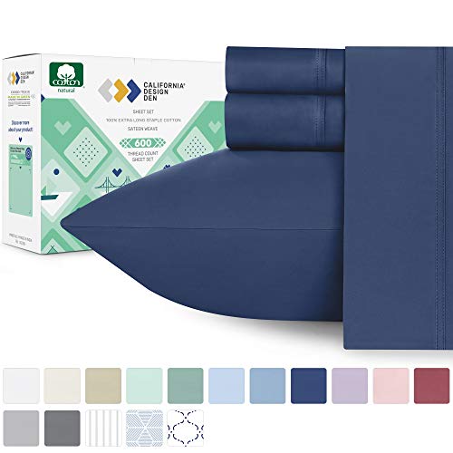 600 Thread Count 4pc King True Blue Sheet Set - 100% Cotton Bedsheets for Bed - Extra Long Staple, Deep Pocket, Shrink Resistant Fabric, Soft & Silky Sateen Weave, Fits Mattress 16'' Deep Pocket