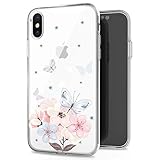 JAHOLAN Pink Butterfly Flower Cute Girls Floral Design Clear TPU Soft Slim Flexible Silicone Cover Phone Case for iPhone Xs Max 2018 6.5 inch