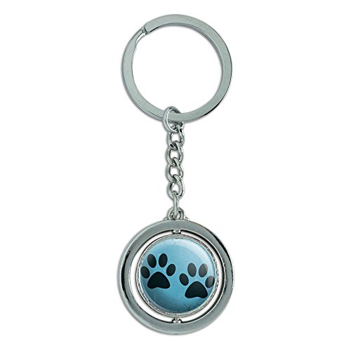 Paw Prints Artsy Blue Spinning Round Metal Key Chain Keychain Ring