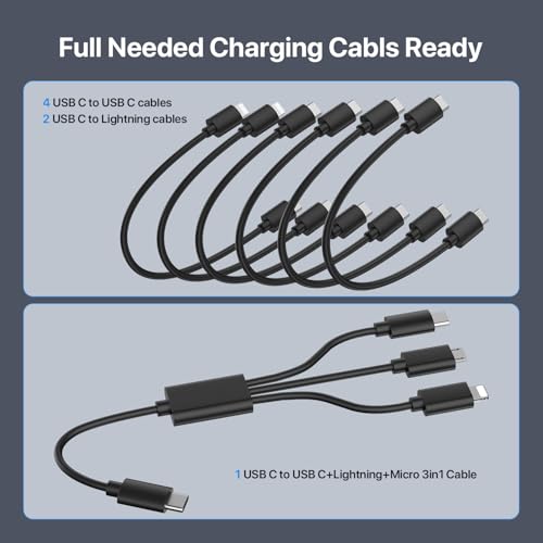 SooPii USB Charging Station, Multiple USB Charger Station for Multible Devices, mixed Cables Included, Charging Organizer for Phones,Tablets, and Other Electronics (140W-7 USB C Black)