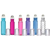 6 Aromatherapy Glass Roll On Bottles 10ml, HYDRANGEA Assorted Colors with Matte Silver Caps by Grand Parfums -Set of 6 Colored Rollon Perfume Bottles - .33 Oz