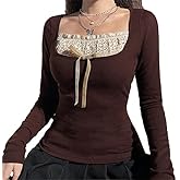 Women Y2k Fairy Grunge Babydoll Tops Long Sleeve V Neck Slim Fit Aesthetic Shirts E Girl Vintage Coquette Blouses
