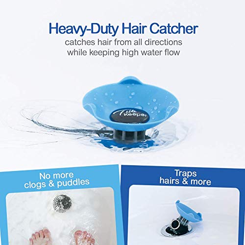 TubKeeper 3-in-1 Hair Catcher Drain Stopper Hot Safety Drain Cover for Bathtub, Blue