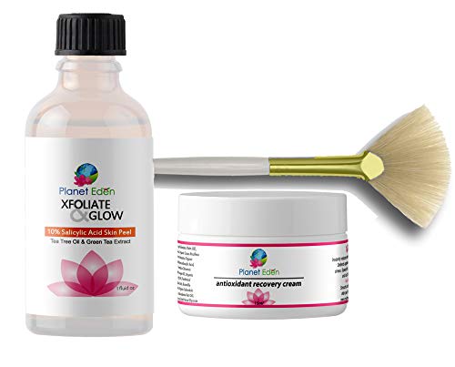 Planet Eden 10% Salicylic Acid Skin Acne Peel with Tea Tree Oil & Green Tea Extract and Fan Brush and Healing Antioxidant Recovery Cream with Peptides and Natural Botanical Extracts and Fan Brush