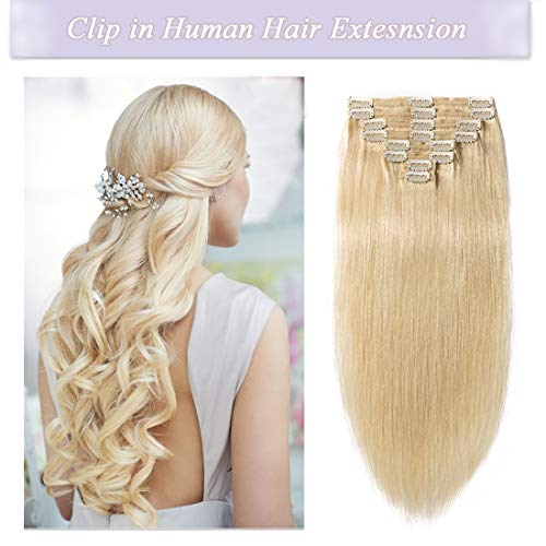 s-noilite Clip in Human Hair Extensions 100% Real Remy Thick True Double Weft Full Head 8 Pieces 18 clips Straight silky (16 inch - 130g,Bleach Blonde (#613))