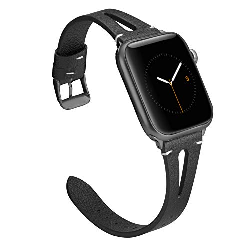 Wearlizer Black Leather Band Compatible with Apple Watch Straps 42mm 44mm 45mm 49mm for iWatch Womens Mens Special Triangle Hole Wristband Sport Replacement Bracelet Series SE Ultra 8 7 6 5 4 3 2 1