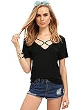 ROMWE Women's Casual Short Sleeve Solid V-Neck T-Shirt Tops