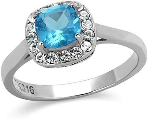 Jewelryfinds Stainless Steel Baby Blue Aqua Aquamarine Topaz Cz Halo Cushion Square Ring