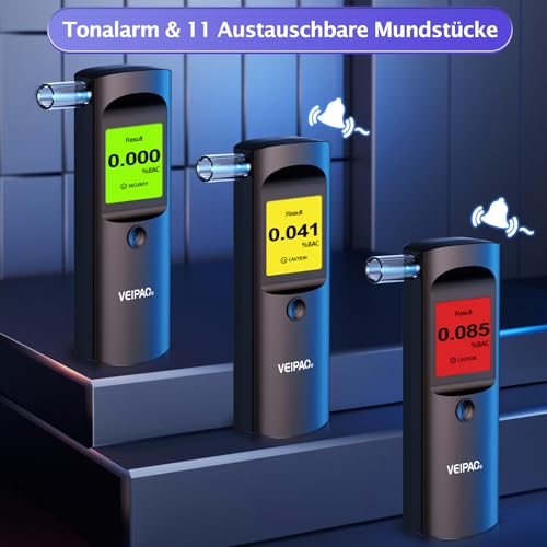 VEIPAO Portable Breathalyzer Certified Alcohol Test: Professional Italian Alcohol Test with 11 Mouthpieces – Breathalyzer with Digital LCD Screen High Accuracy for Personal Use Home Test, Black
