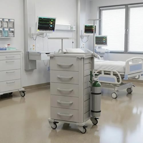 Carrinho de Emergência Hospitalar 5 Gavetas com Equipamentos e Tampo Inox | Carrinho para UTI, Clínicas, Procedimentos e Hospitais | MAD.U